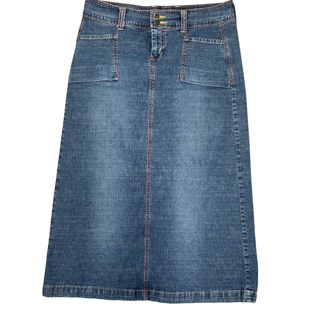 Bass Jeans Denim Maxi Skirt Womens 14 Blue Modest Cottagecore Contrast Stitch
